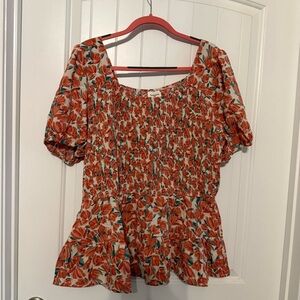 Hayden Orange and White Smocked Peplum Blouse